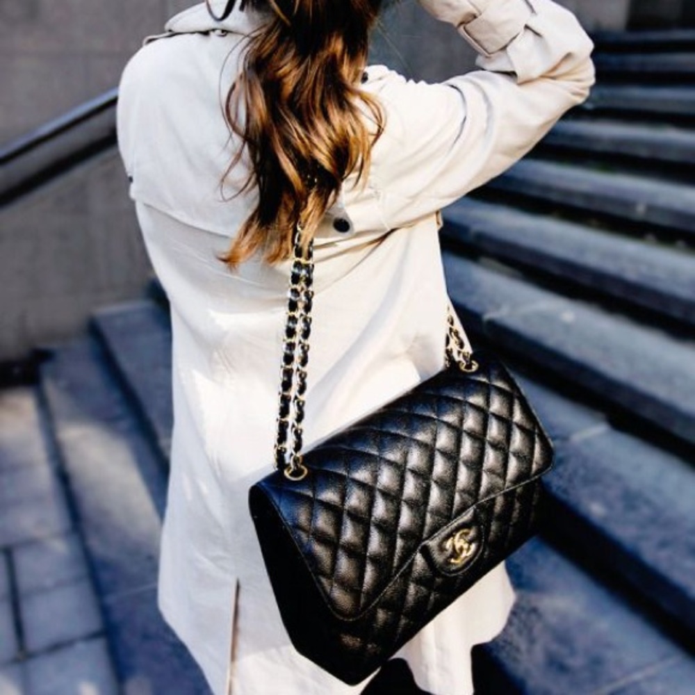 Rare! Chanel CC 24 kt Gold HW Classic Single Flap Bag Quilted BLACK Caviar JUMBO - Picture 1 of 16